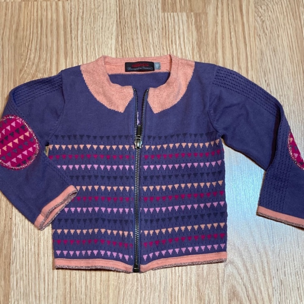 Catimini Knit Zip Up Cardigan Sweater Girls Purple Pink‎ Geometric Elbow Patches